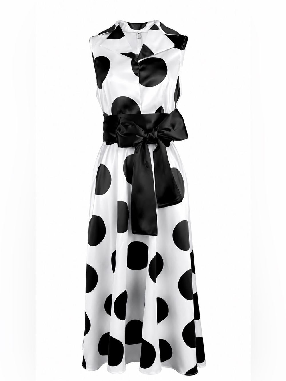 Classic Black & White Polka Dot Maxi Dress with Waist Sash